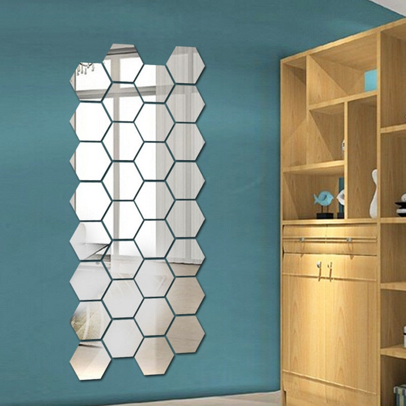 12PC 3D Mirror Wall Stickers Hexagon Mirror